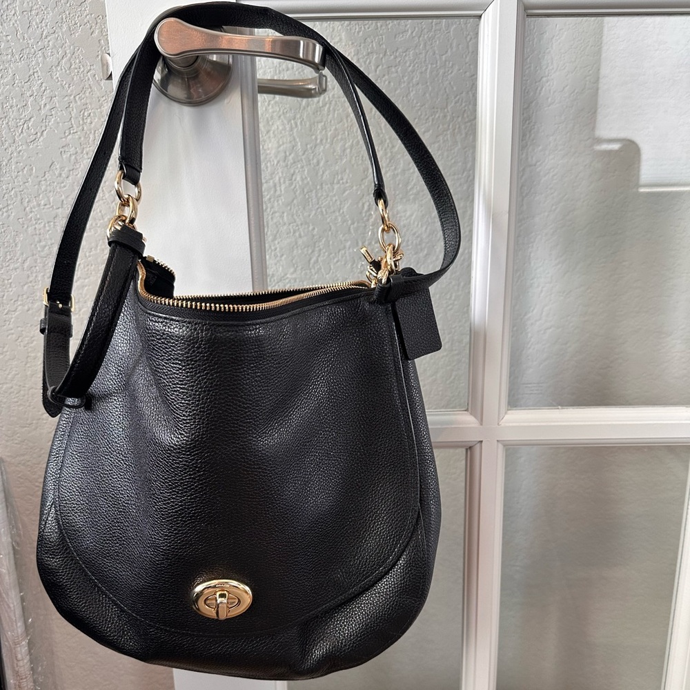 Coach Black Leather Shoulder Bag with Gold Accents